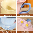 Floral Tea Cups and Saucers, Ceramic Cute Coffee Mug for Women Tea Party, Cappuccino Latte Milk (Yellow)