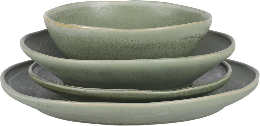 Gibson Elite Island Cove 16 Piece (Service for 4) Plates and Bowls Reactive Glaze Organic Round Dishes Stoneware Ceramic Dinnerware Set -Green