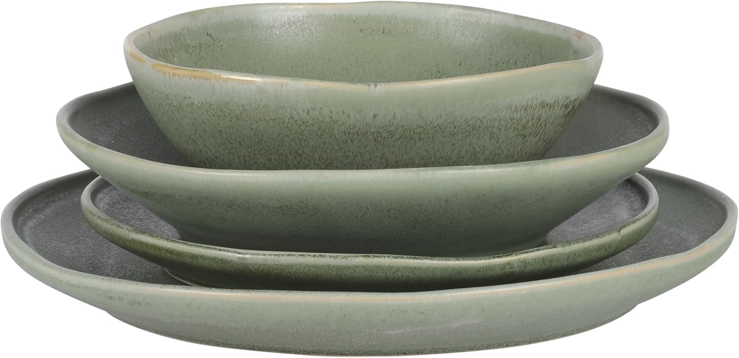 Gibson Elite Island Cove 16 Piece (Service for 4) Plates and Bowls Reactive Glaze Organic Round Dishes Stoneware Ceramic Dinnerware Set -Green