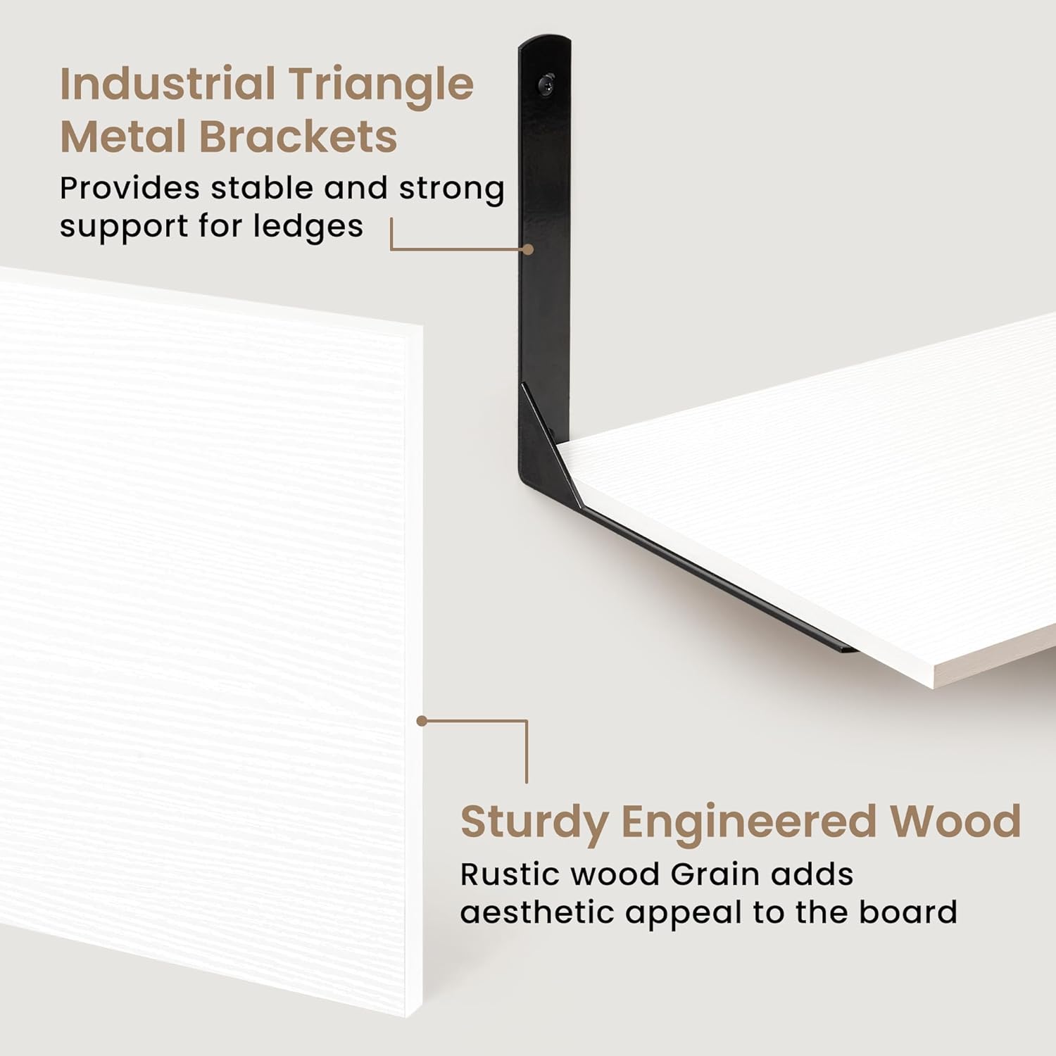 Fun Memories Floating Shelves for Wall, 12 Inch Deep Floating Shelves Set of 2, Wall Mounted Shelf with Metal Brackets, Rustic Wood Wide Shelf for Bathroom, Kitchen and Living Room, White, 48W x 12D