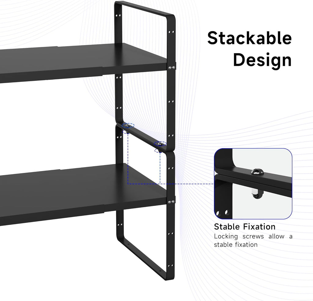 Expandable Cabinet Shelf Organizer, Stackable Kitchen Pantry Counter Storage, Adjustable Cupboard Stand Rack Risers Spice Organization Heavy Duty Black Small 3 Pack