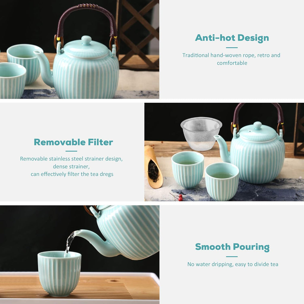 Dujust Japanese Tea Set, Cyan-blue Porcelain Tea Set with 1 Teapot Set, 6 Tea Cups, 1 Tea Tray, 1 Stainless Infuser, Asian Tea Sets for Adults/Tea Lover/Women/Men (Bamboo - Straight Grain Design)