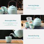 Dujust Japanese Tea Set, Cyan-blue Porcelain Tea Set with 1 Teapot Set, 6 Tea Cups, 1 Tea Tray, 1 Stainless Infuser, Asian Tea Sets for Adults/Tea Lover/Women/Men (Bamboo - Straight Grain Design)