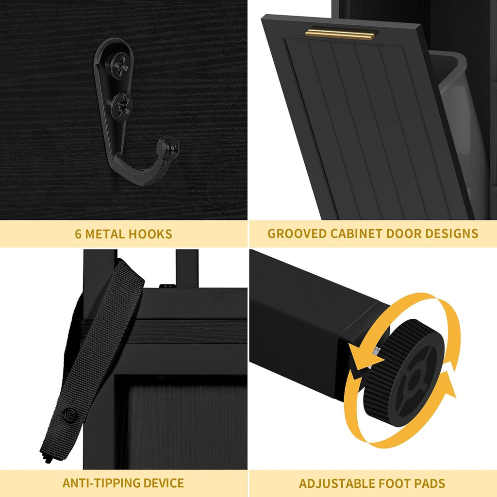 YITAHOME Bakers Rack with Storage Microwave Stand with Trash Can Bin Cabinet and Power Outlet 6-Tiers Coffee Stand Large Microwave Table for Kitchen Dining Room Living Room Black