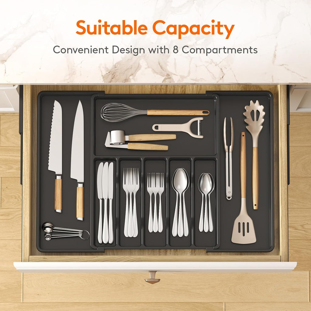 Lifewit Silverware Drawer Organizer, Expandable from 15.4 to 27 inches, Utensil Tray for Kitchen, Adjustable Cutlery Holder, Plastic Flatware Storage for Spoons Forks Knives, Extra Large, Black