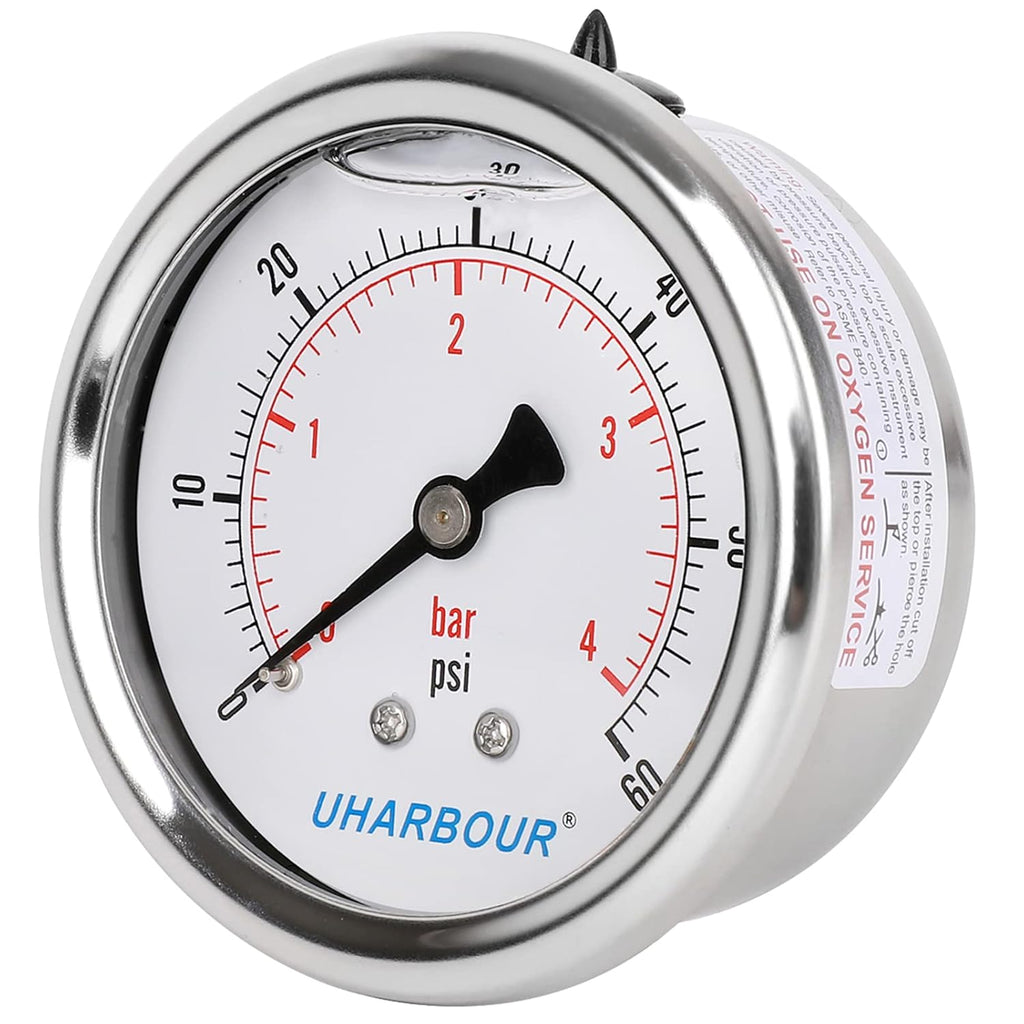 Glycerin Filled Low Pressure Gauge 60psi/4bar, Stainless Steel case, Brass Inside Construction, 2-1/2" dial, 1/4" NPT Back Connection…