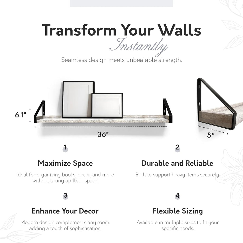 InPlace Wall Mounted Shelf, 36" x5" x 6.1", Rustic Real Wood Bracket Ledge, Distressed White Finish, Heavy-Duty Floating Shelf for Living Room, Bathroom, or Kitchen 9602098E