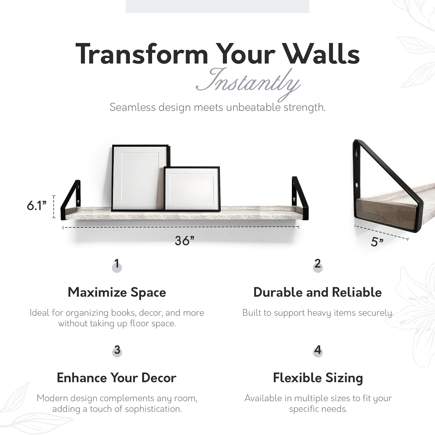 InPlace Wall Mounted Shelf, 36" x5" x 6.1", Rustic Real Wood Bracket Ledge, Distressed White Finish, Heavy-Duty Floating Shelf for Living Room, Bathroom, or Kitchen 9602098E