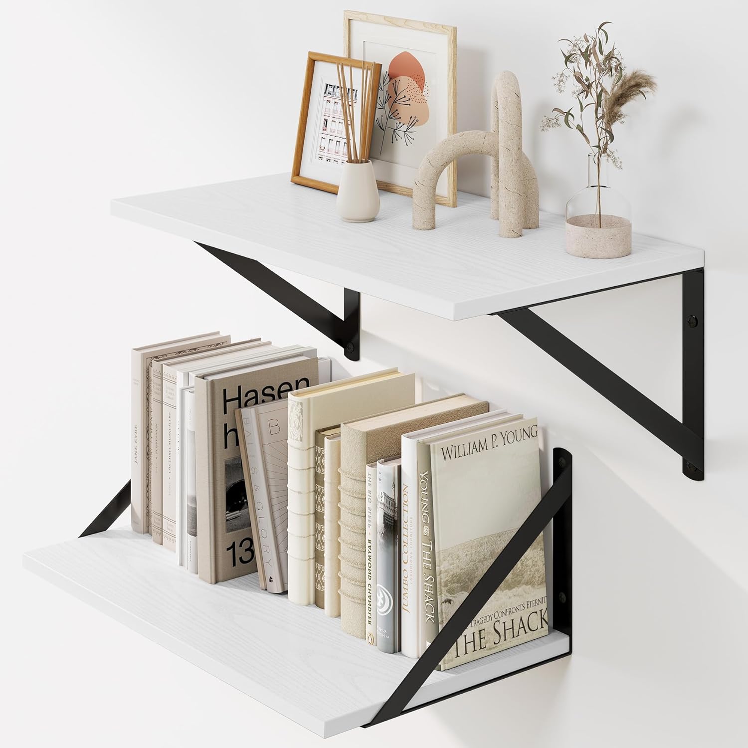 Heimlove White Deep Floating Shelves for Wall, 16W x 8D Wood Wall Shelves Set of 2, Wide Floating Bookshelf for Living Room, Kitchen, Office, Bedroom and Decor Storage, with Black Bracket - White