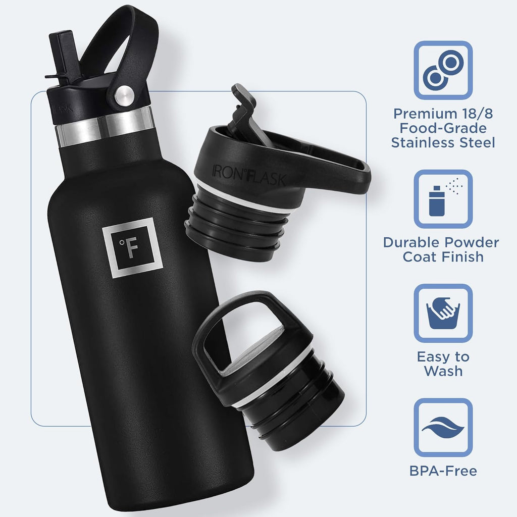 IRON °FLASK Camping & Hiking Hydration Canteens - 3 Lids (Narrow Straw Lid) Leak Proof Vacuum Insulated Stainless Steel - Hot & Cold Double Walled Sports Water Bottle - Bubble Gum, 16 Oz