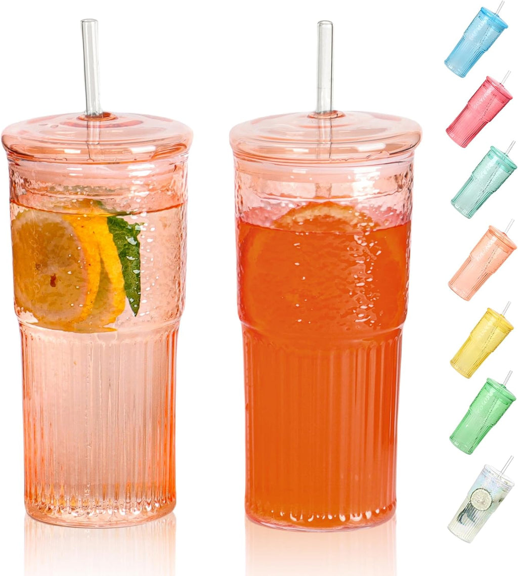 20 OZ Glass Cup with Lids and Glass Straws, High Borosilicate Iced Coffee Glass Tumblers with Lid and Straw for Drinks, 2pcs Reusable Wide Mouth Smoothie Cup(Orange)