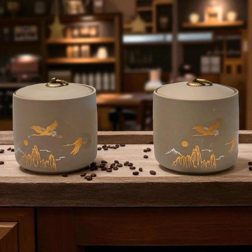 Bare & Balanced Premium Ceramic Tea Canister Set – Handcrafted Storage Jars with Airtight Lids | Crane & Mountain Design | Ideal for Tea, Coffee, Spices | Gift-Ready Box (Light beige)