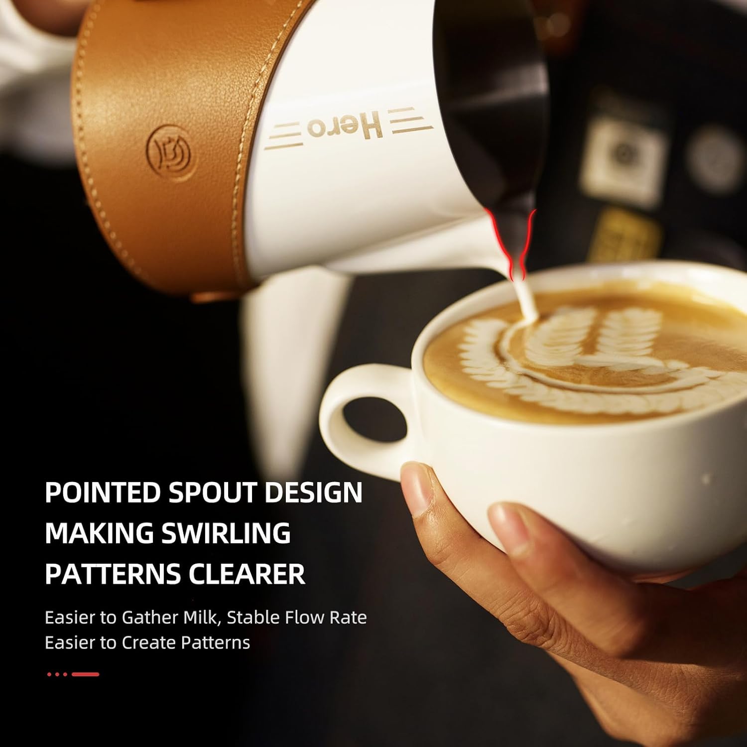 Milk Frothing Pitcher 450ml/16oz 304 Stainless Steel Espresso Steaming Pitcher with PU Leather, Milk Frothing Jug,milk frother cup,Milk Jug Cup,Premium Barista Tools,Latte Art (Black,16oz)