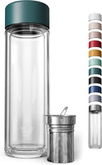 Glass Multi Tea Infuser Bottle 14oz - Double Wall Borosilicate Glass Flask | No Plastic Touches Contents | Perfect for Office or Home - Dark Green