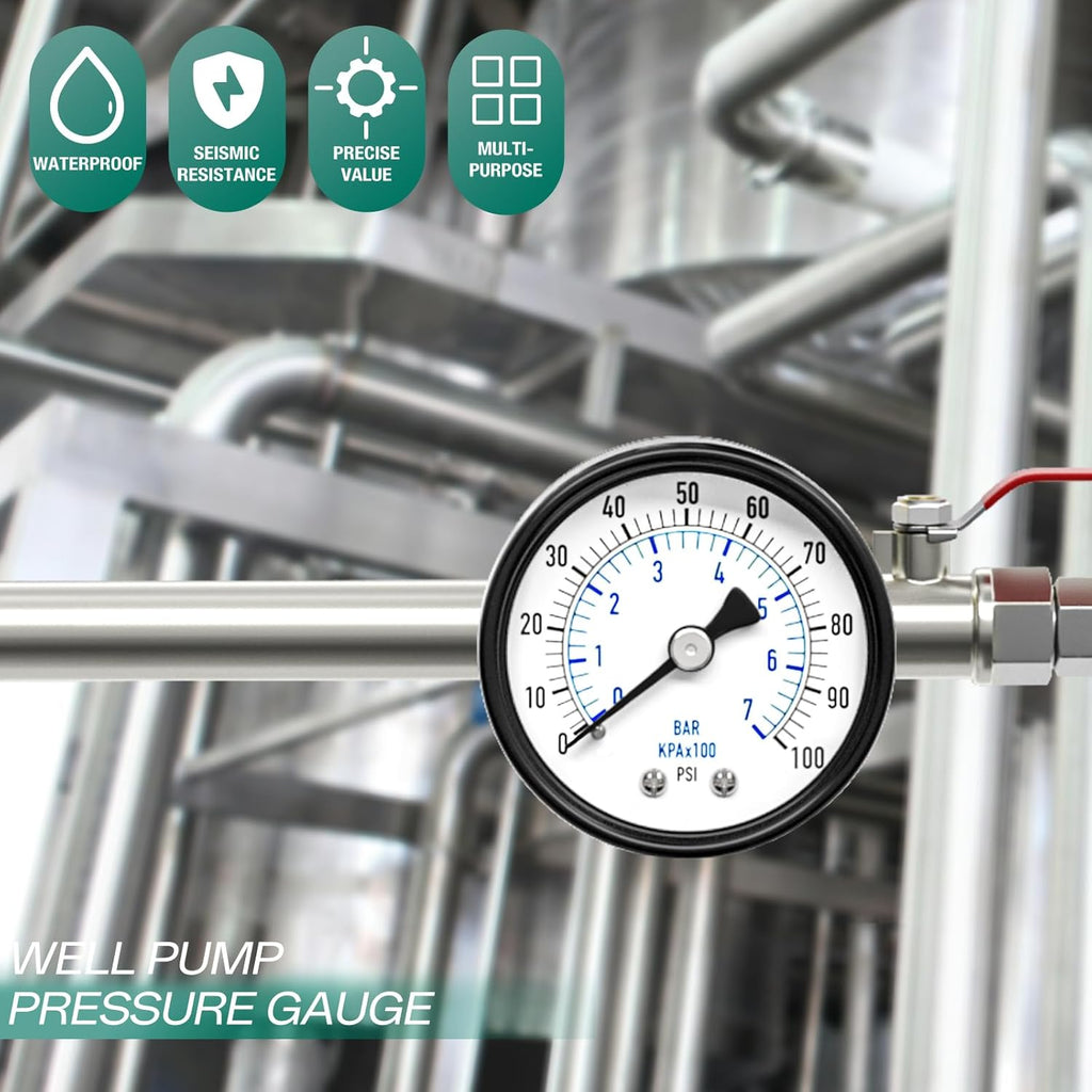 0-100psi Well Pump Pressure Gauge 1/4" NPT 2" Face Dial Size Back Mount, Multifunctional Practical Dry Pressure Gauge, for Water, Oil and Air Compressor
