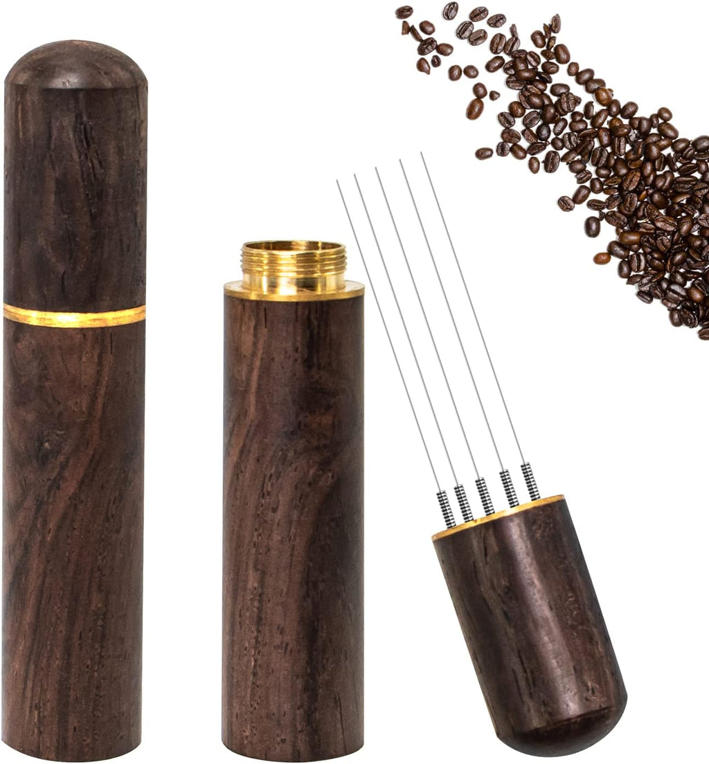 Espresso Coffee Stirrer, Espresso Distribution Tool Coffee Stirring Tool,Professional Barista Hand Needle Type Distribution Tool 5 Needles 0.4mm Natural Wood Handle and Stand