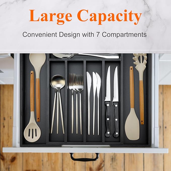Expandable Large Kitchen Silverware Drawer Organizers Tray Bamboo Utensil Organizer Adjustable Cutlery Tray Black Wooden Flatware Organizers Divider Cooking Utensil Holder Drawer Fork Spoon Organizer