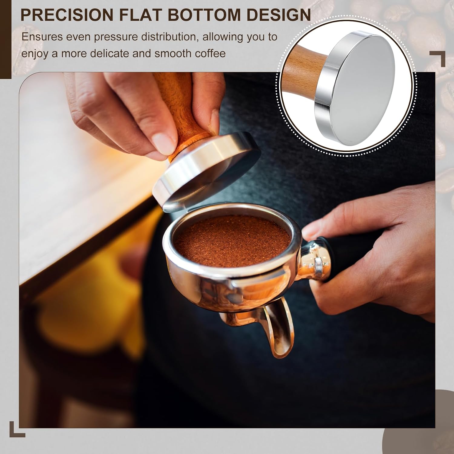 uxcell 58mm Coffee Tamper, Stainless Steel Espresso Press Tamper, Espresso Tamper with Wooden Handle Suitable for Coffee Shop, Restaurant Bar, Bakery (Light Brown)