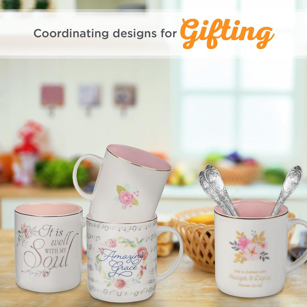 Christian Art Gifts Pink Ceramic Coffee Mug with Gold Rim – 14 oz. Lead and Cadmium-free Inspirational Scripture Coffee and Tea Mug for Women with Bible Verse: Strength and Dignity – Proverbs 31:25