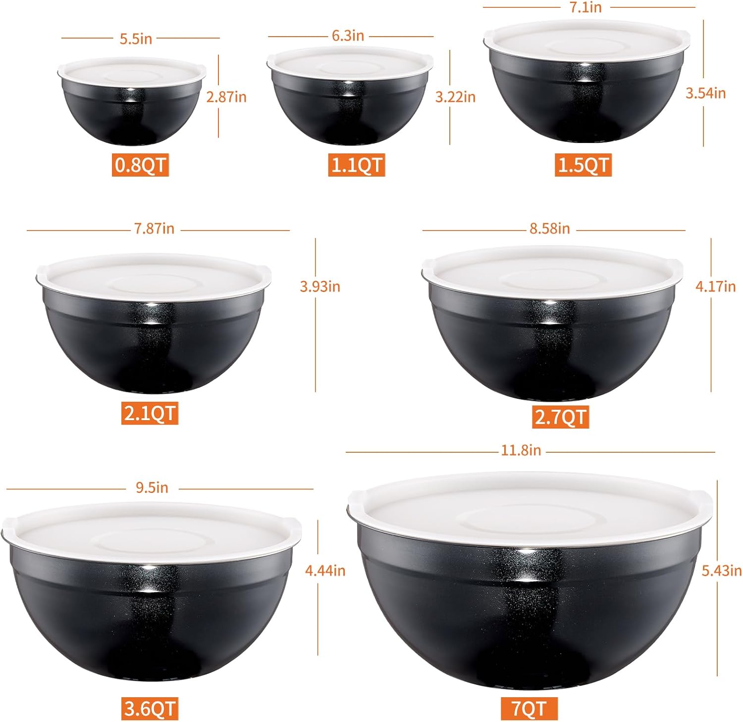 Black Mixing Bowls with Lids Set of 7, Stainless Steel Nesting Bowl with Khaki Lid for Non-slip Mixing Prepping Storing Serving, 7 Sizes-7/3.6/2.7/2.1/1.5/1/0.8 QT