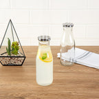 Restaurantware French Countryside 15 Ounce Glass Bottles 10 Durable Juice Bottles - With Black Plaid Lid Dishwashable Clear Glass Countryside Bottles For Hot And Cold Beverages