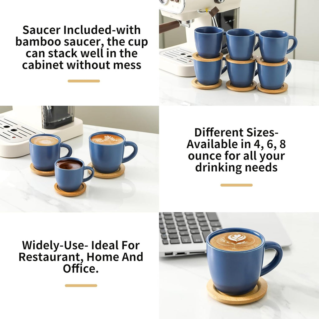 Hasense 8 oz Tea Cups and Saucers Set of 6, Ceramic Coffee Cups Latte Cappuccino Cups with Handle for Double Shot, Cafe Mocha, Espresso, Porcelain Coffee Cups for Party Home and Kitchen, Blue