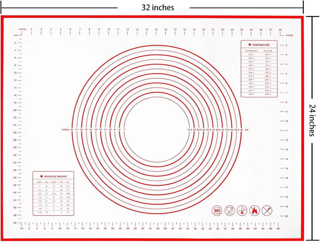 Yansumi silicone pastry non stick baking mat with measurement fondant mat with three sizes for silicone baking mat, counter mat, dough rolling mat,fondant/pie crust mat. (XXL, 32"L x 24"W,Red)