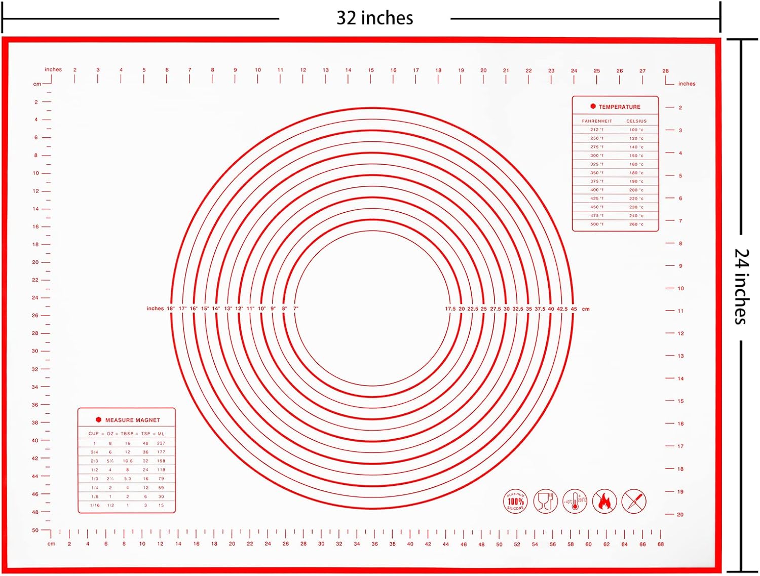 Yansumi Silicone Pastry Mat Extra Large Non-Slip Mat for Rolling Dough Pie Crust and Baking Non-Stick with Measurements (Red, 32x24)