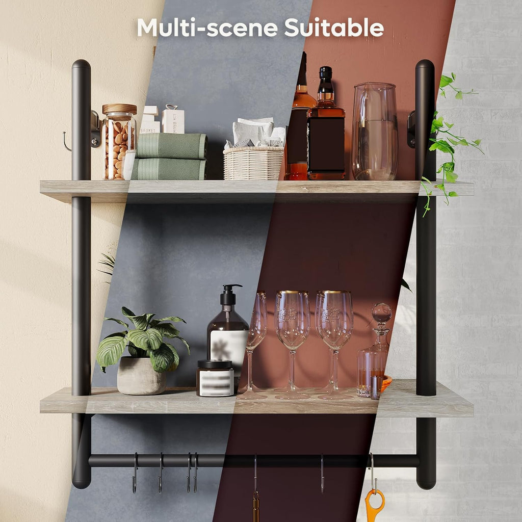 Bestier Floating Shelving 31" Kitchen Wall - Mounted Shelf with Towel Bar Hooks Coffee Bar Shelf Wine Hanging Display Rack Bookshelf Living Room Decor Bathroom - White Marble