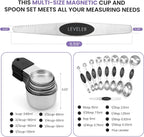 Magnetic Measuring Cups and Spoons Set-Heavy Duty 304 Stainless Steel，Double Measurement Markings，Set of 16 with Leveler for Measure Dry and Liquid Ingredients (Black)