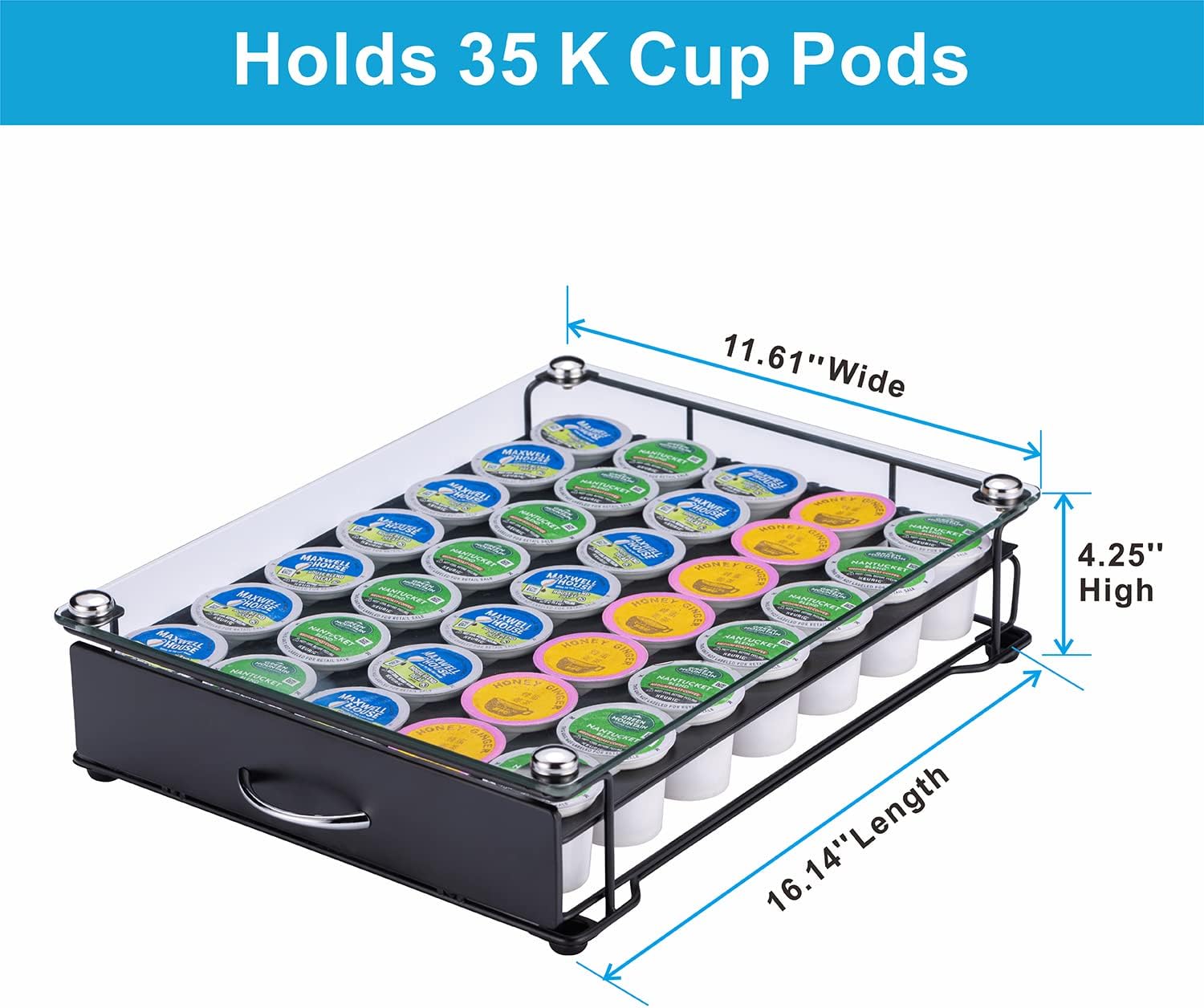 ZCDCP K Cup Holder Drawer, Coffee Pod Holder for K Cup Orgainzer with Termpered Glass Top, Keurig Coffee Pods Holder Capsule with 35 Pods, Black