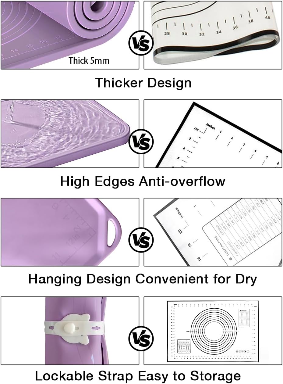 Silicone Pastry Mat 24"*16" Extra Thick Non Stick Baking Mat with Measurement Food Grade Silicone Rolling Dough Mat, Fondant, Pie Crust Mat, Kitchen Mat with Hang Holes, Raised Edge