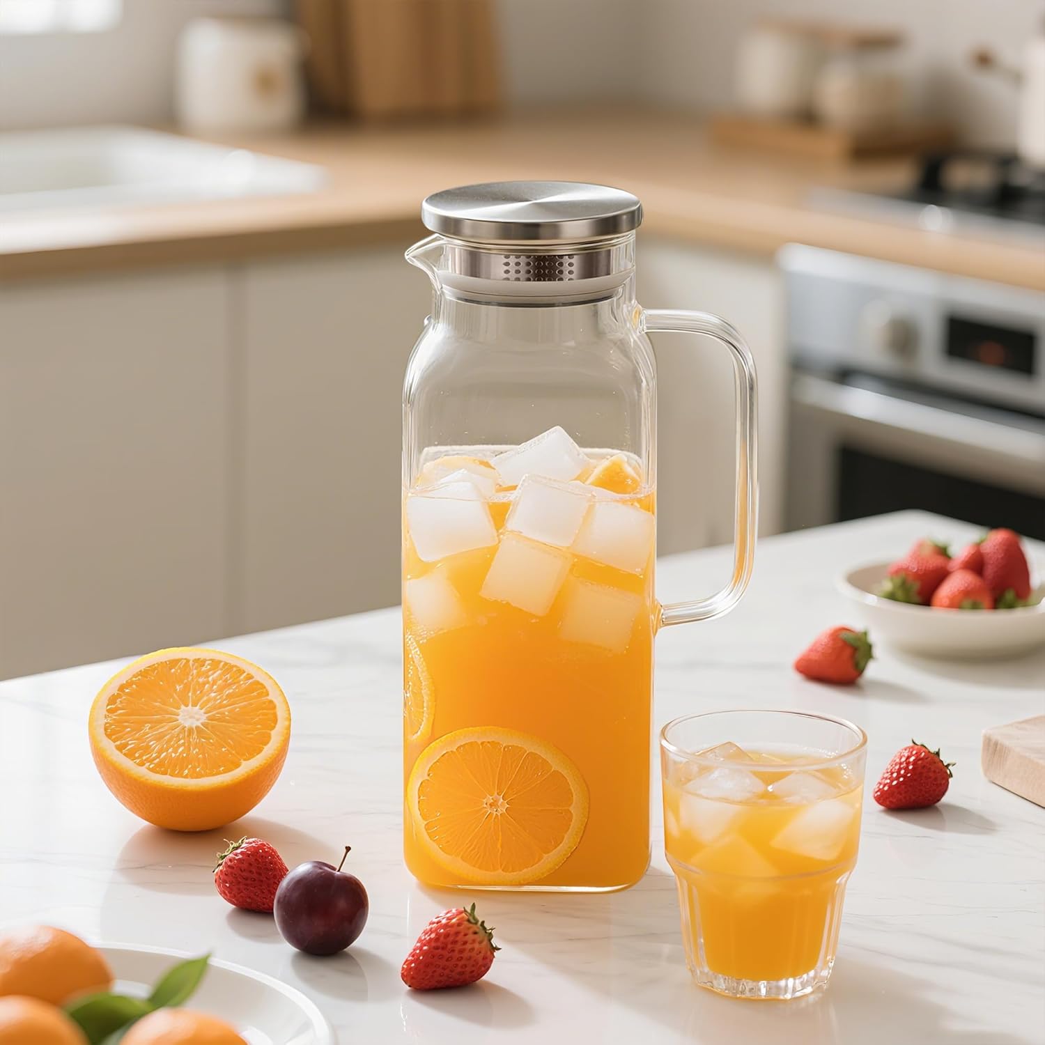 68 oz Square Glass Pitcher with Lid and Spout, 2 Quart Lightweight Water Pitchers for Hot/Cold Drink, Borosilicate Jugs, Heat Resistant, Glass Carafe with Handle,Ideal for Fridge Storage(2Pack)