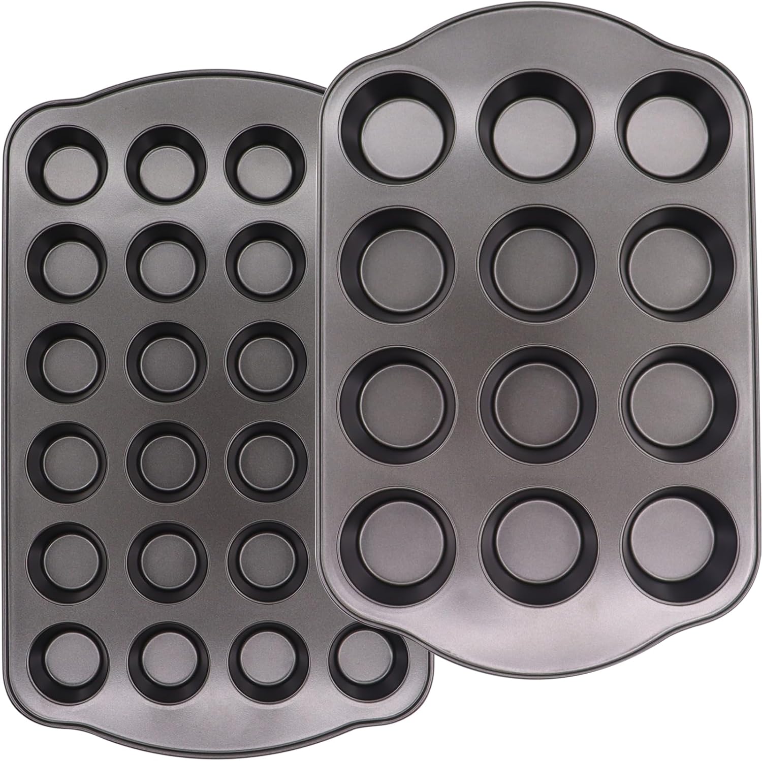 12+24 Muffin Pan Set (2 Pack) - Nonstick Cupcake Tins Dark Gray | Heavy Duty Carbon Steel, Rustproof, Oven Safe Baking Gift