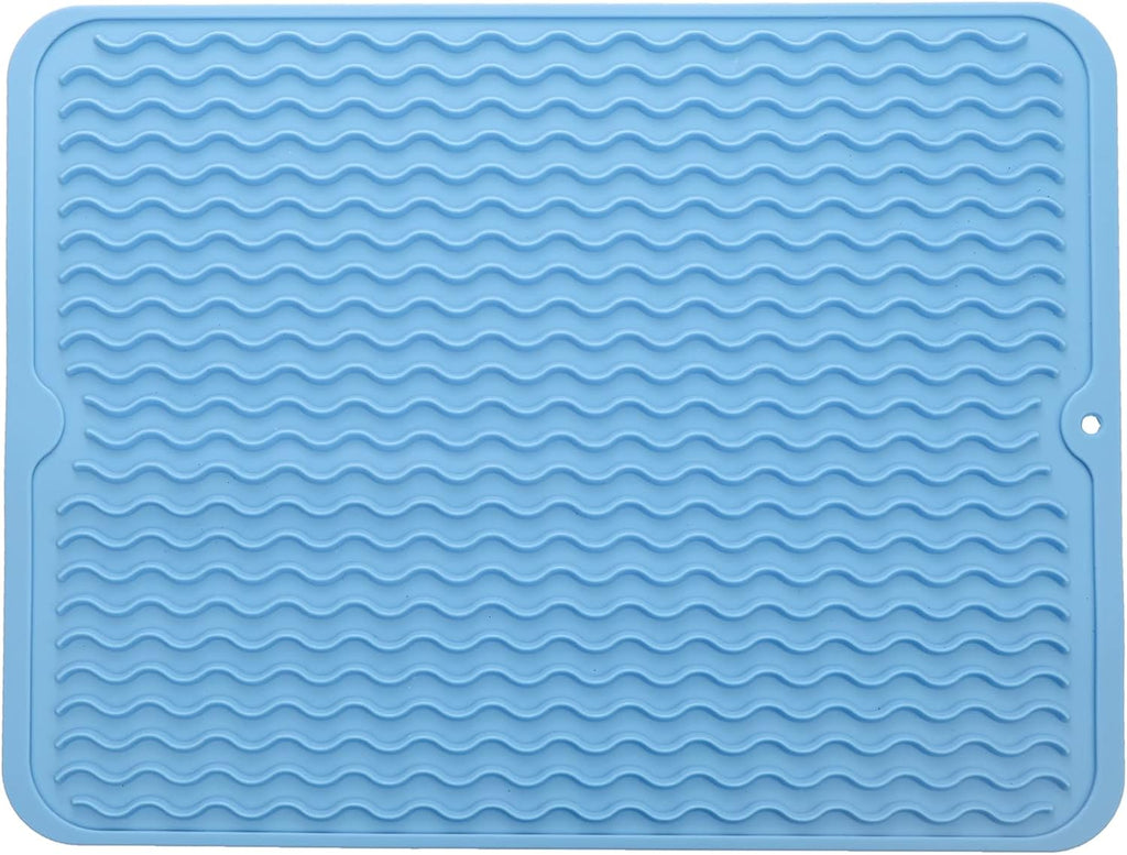Silicone Dish Drying Mat for Multiple Usage,Easy clean,Eco-friendly,Heat-resistant Silicone Mat for Kitchen Counter or Sink,Refrigerator or drawer liner Light Blue L 16 inches x 12 inches
