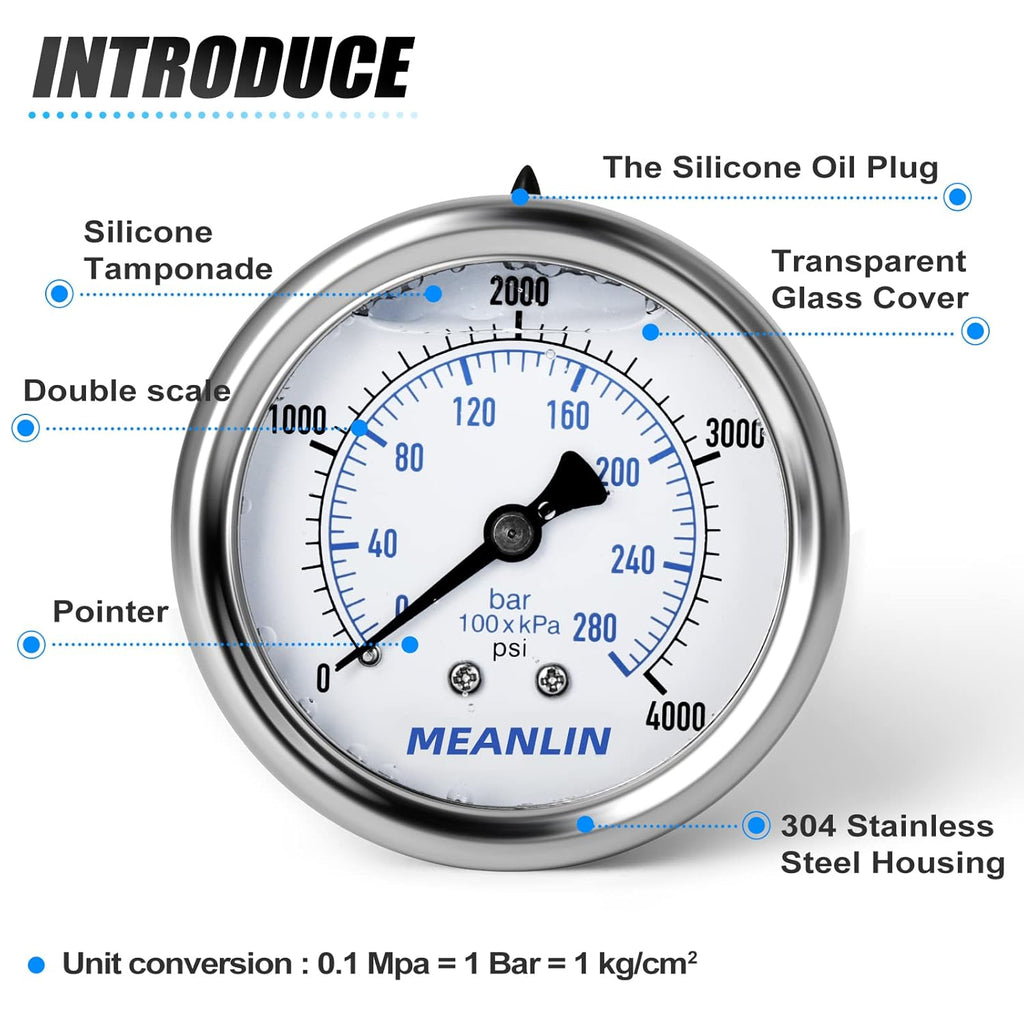 MEANLIN MEASURE 0~4000Psi Stainless Steel 1/4" NPT 2.5" FACE DIAL Liquid Filled Pressure Gauge WOG Water Oil Air Center Back Mount, with 1/4" x 1/2" NPT and 1/4" x 3/8" NPT Hex Bushing