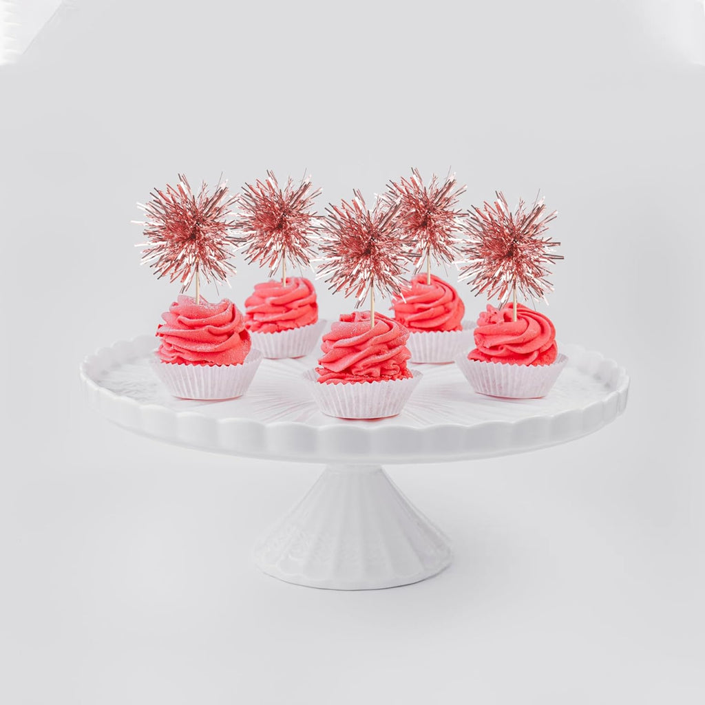 40 PCS Foil Firework Cupcake Toppers Rose Gold Sparkler Cupcake Picks Sparkle Tinsel Fireworks Decorations Cocktail Fruit Toothpick for Firework Theme Birthday Wedding Graduation Party Decor Supplies