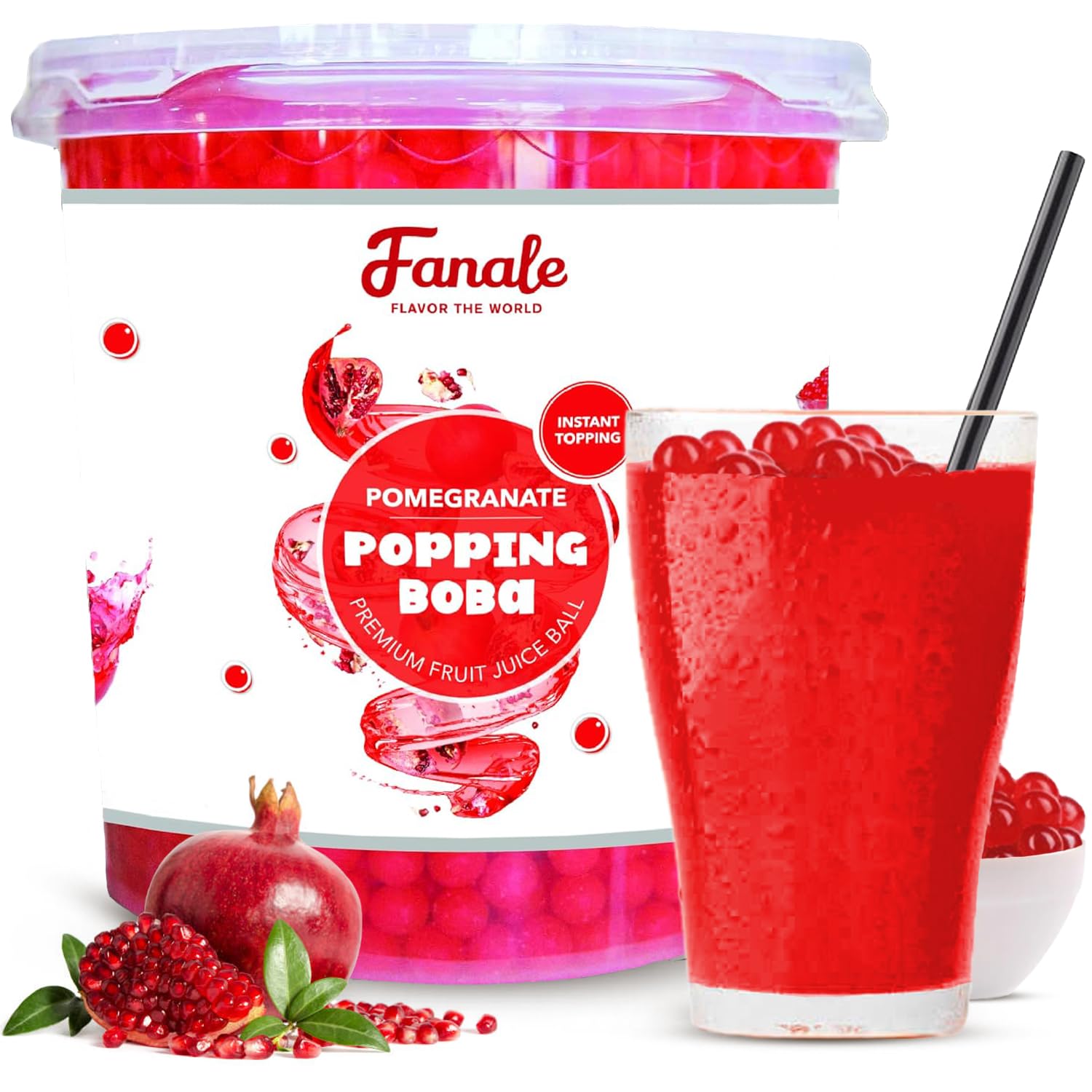 Fanale Pomegranate Popping Boba Pearls, Vegan, Non GMO, Gluten Free, Fat Free, Perfect for Bubble Tea, Smoothies, Ice Cream, Desserts, and Beverages.