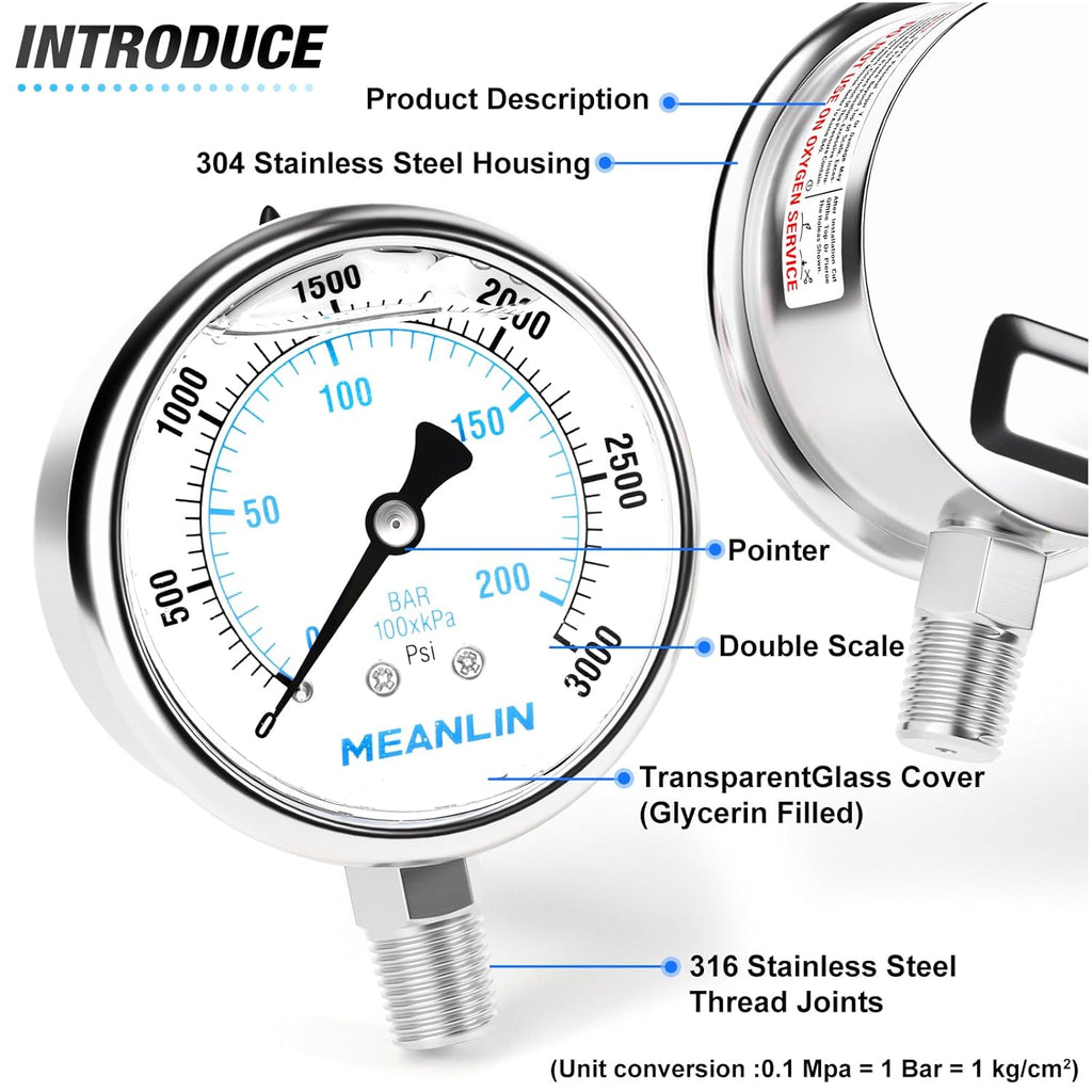 MEANLIN MEASURE 0~3000Psi Liquid Filled Pressure Gauge Stainless Steel with 316 Stainless Steel Joint 1/4" NPT 2.5" FACE DIAL for WOG Water Oil Air Lower Mount
