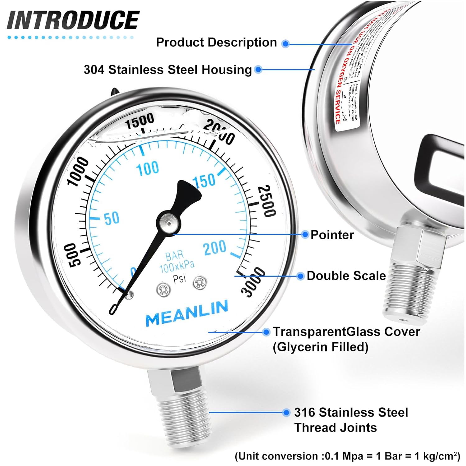 MEANLIN MEASURE 0~3000Psi Liquid Filled Pressure Gauge Stainless Steel with 316 Stainless Steel Joint 1/4" NPT 2.5" FACE DIAL for WOG Water Oil Air Lower Mount