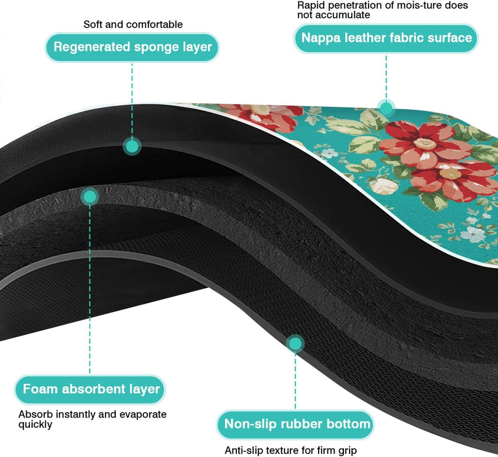 Rubber Dish Drying Mat for Kitchen Counter Large Boho Flowers Washable Quick Home Coffee Pad Fit Under Sink,Bar,Utensils 18x24in