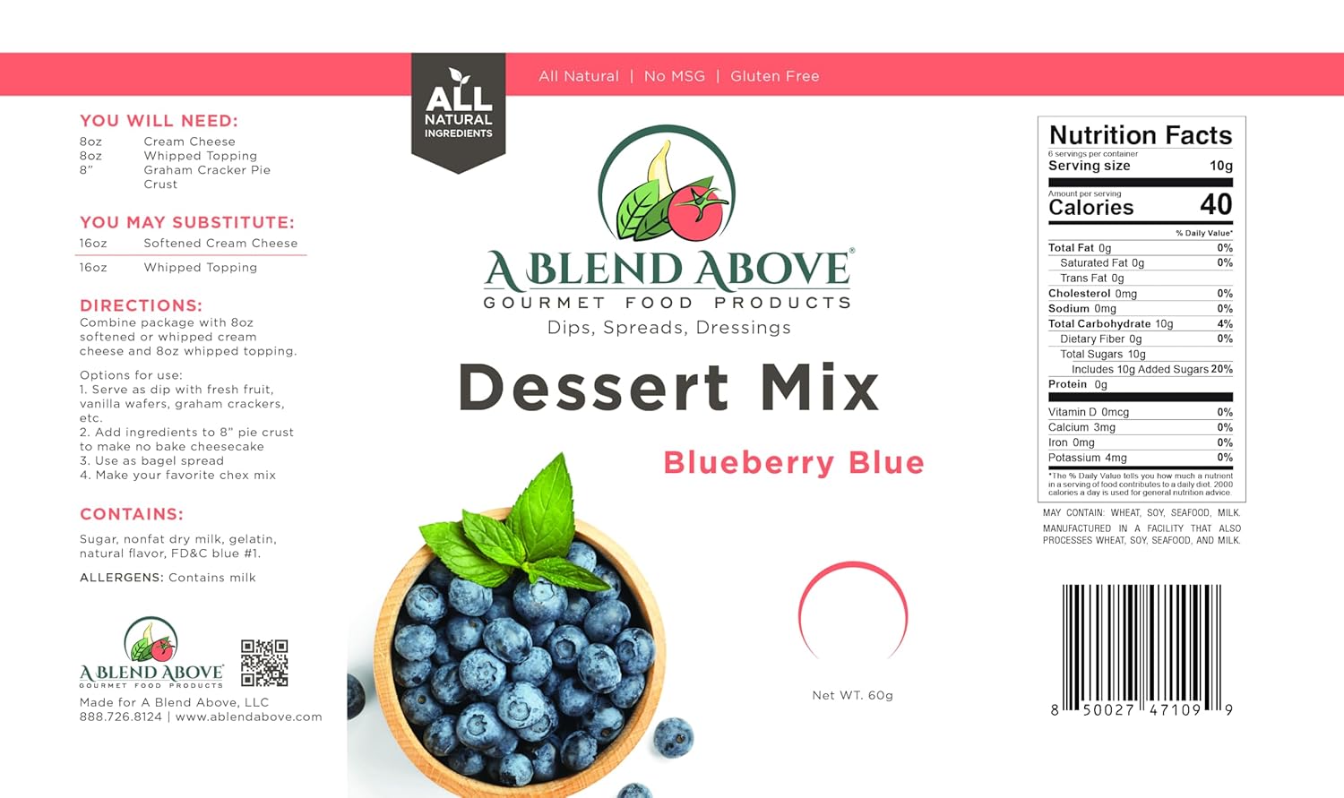 A Blend Above Blueberry Blue No Bake Dessert Mix - All Natural, Gluten Free, No MSG - Instant Dessert Mix, Fruit Dip, Bagel Topping, Frosting, Cheesecake Filling - Easy to Make - 4.2 Oz (Pack of 3)