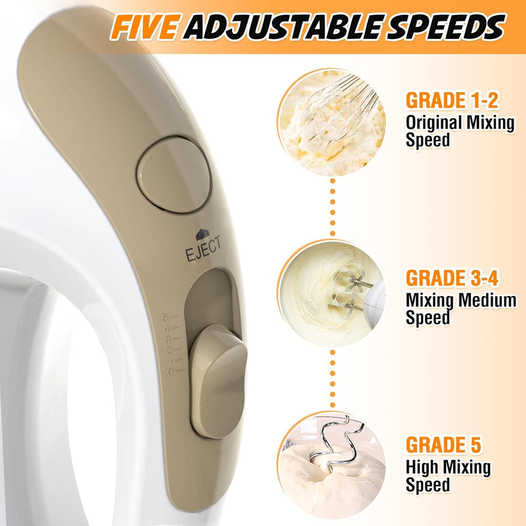 5-Speed Electric Hand Mixer with Whisk, Traditional Beaters, 120 Watts,Portable & Lightweight, Blending or Cooking, Brown
