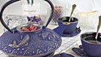 7PC Japanese Tea Set."Midnight Blue Koi" Cast Iron Tea Pot with 2 Tea Cups, 2 Saucers, Tea Infuser and Teapot Trivet. Ceremonial Matcha Accessories