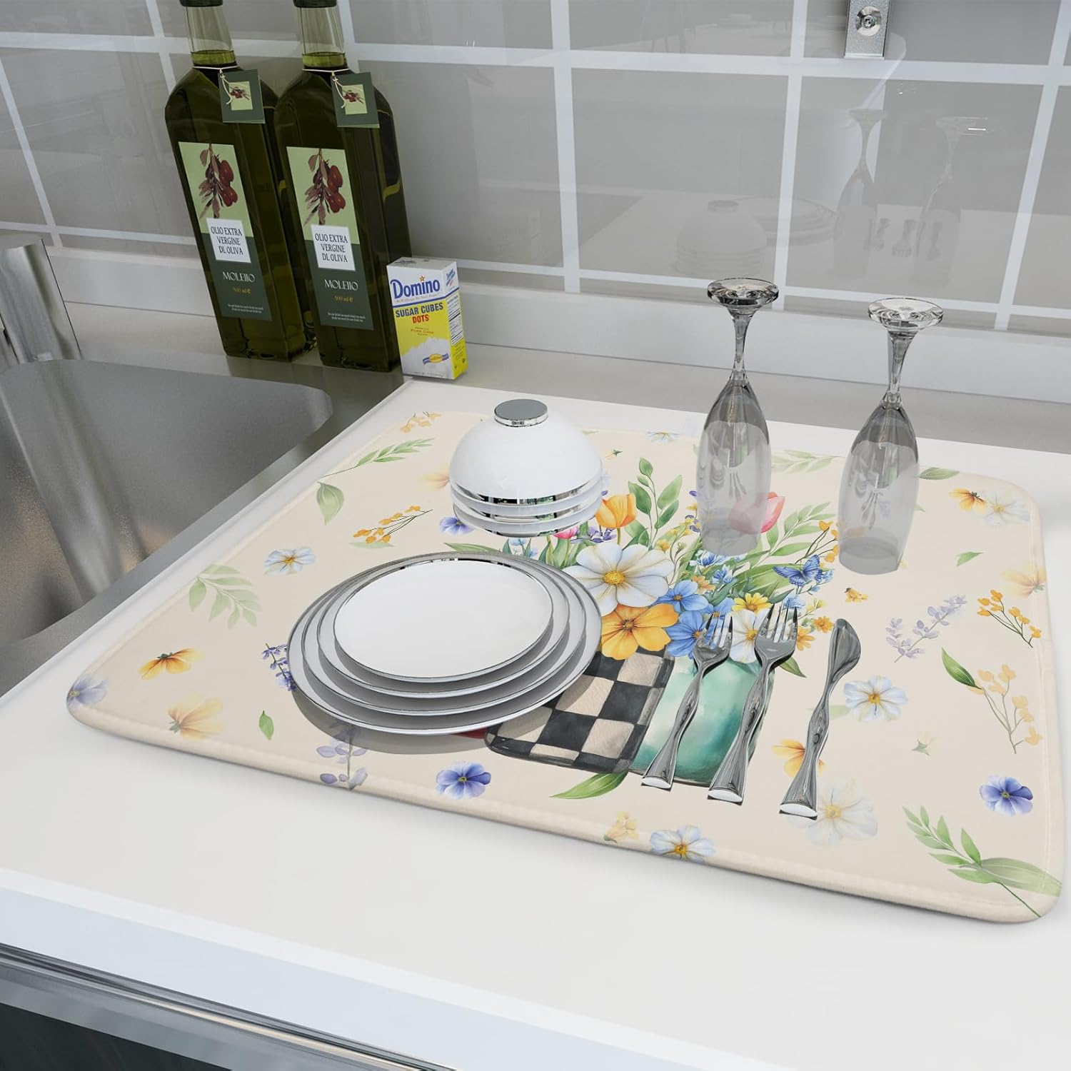 Giwawa Spring Flower Vases Dish Drying Mat for Countertop, 18"x24" Watercolor Floral Mason Jar Dish Drainer Mats, Wildflower Botanical Fast Dry Microfiber Large Dish Drying Pad Decoration