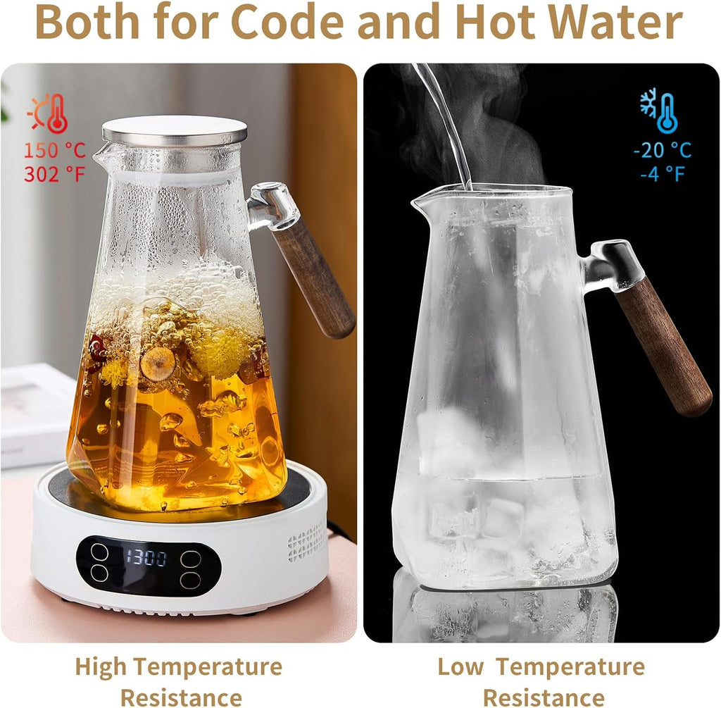 2L Glass Pitcher with Lid and Spout, Water Jug, 68 OZ Carafe for Hot/Cold Water, Large Iced Tea Pitcher for Coffee, Juice and Homemade Beverage