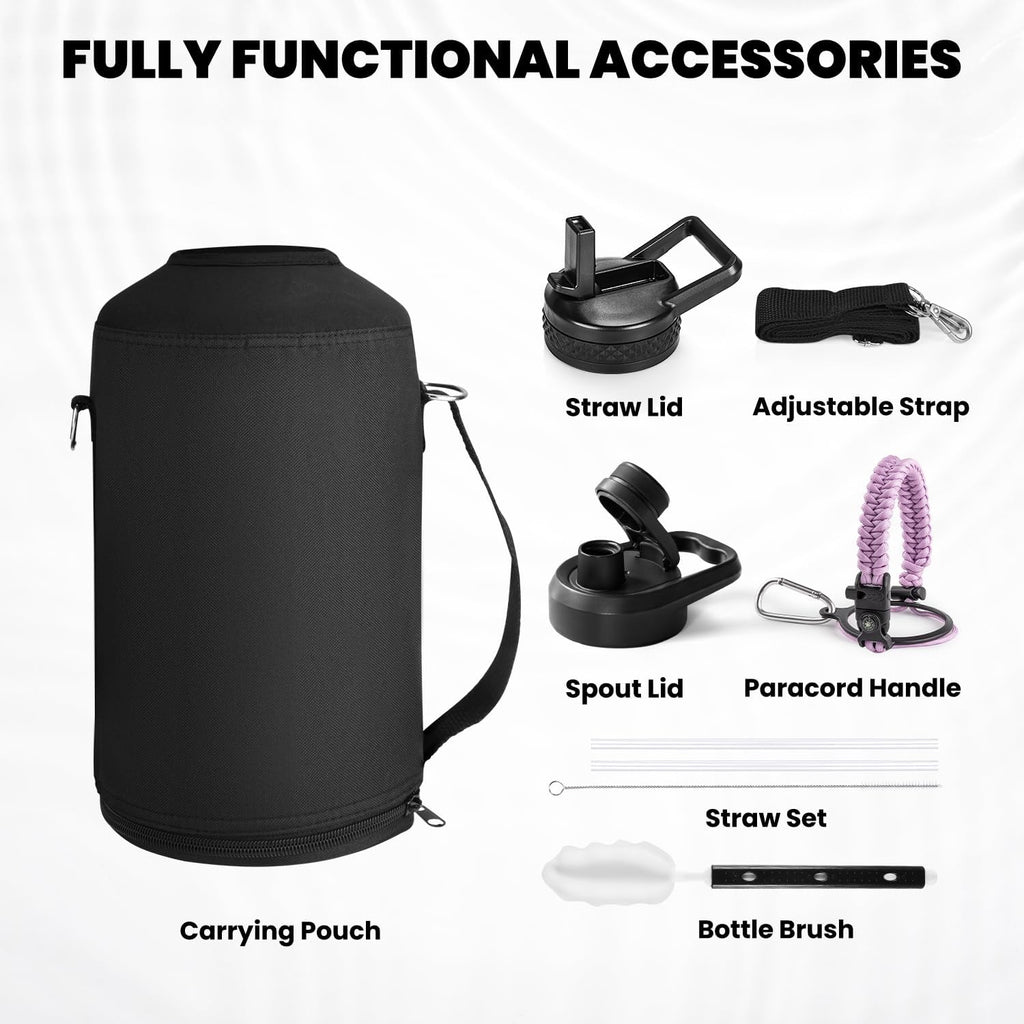 One Gallon Water Bottle Insulated, Triple Walled Vacuum Stainless Steel (Cold for 48 Hrs), Leak Proof & Non-BPA, Large Water Flask Jug with Paracord Handle & Straw Spout Lids