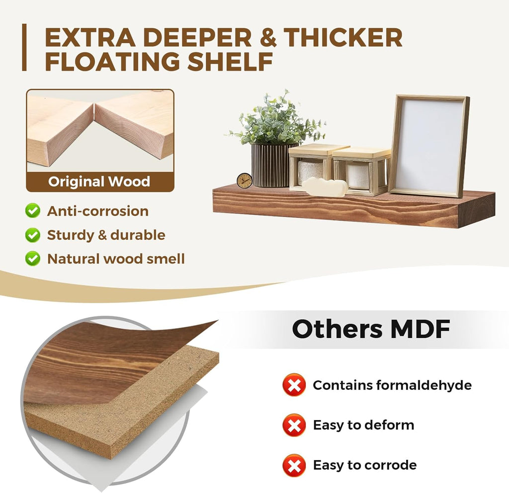 17x8x1.6 inch Floating Shelves Set of 2 – Solid Wood Rustic Brown Wall Mounted Shelf for Kitchen, Bathroom, Living Room
