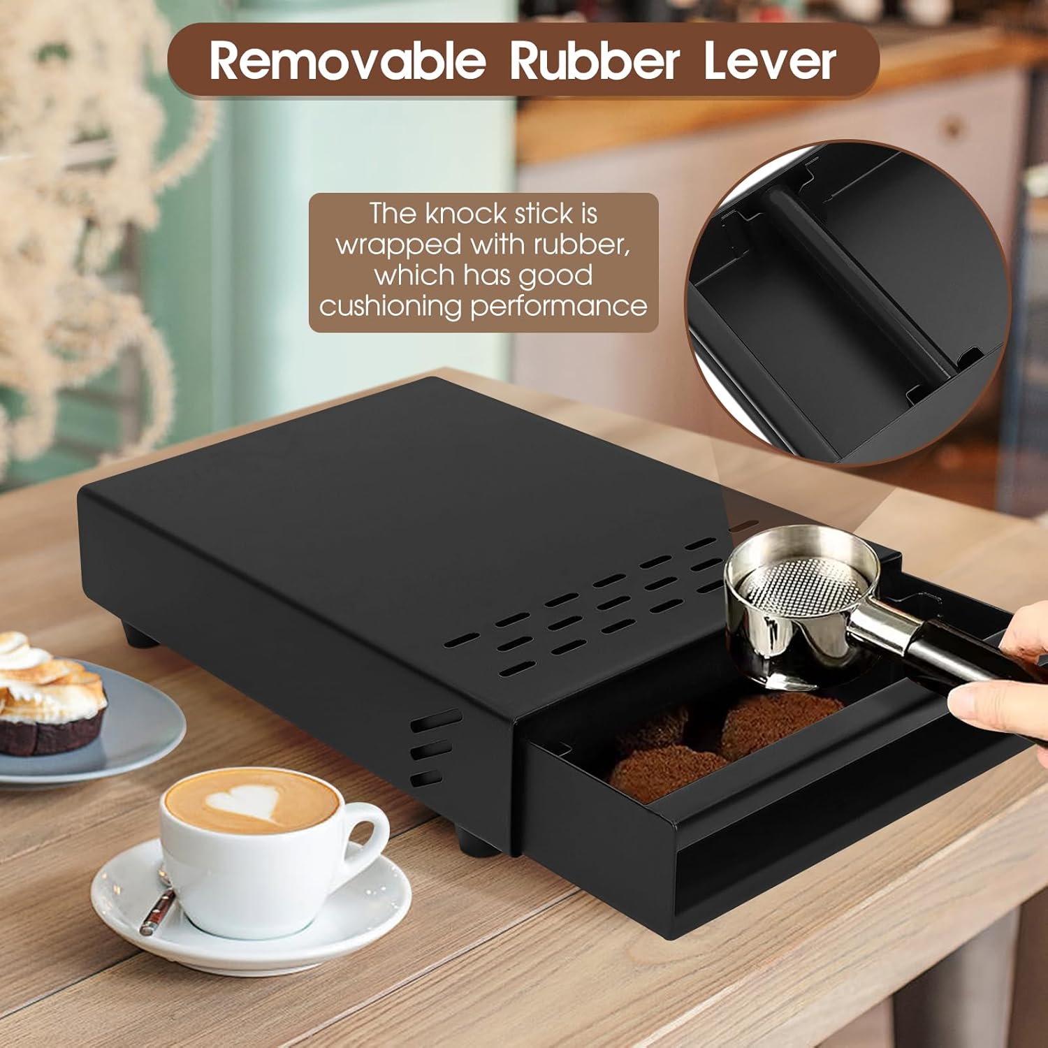 Espresso Knock Box, Stainless Steel Coffee Knocker Drawer with Non Slip Feet and Removable Rubber Lever, Coffee Knock Box Drawer 13.5 x 9.9 x 3.5 in