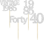 Gyufise 24Pcs Happy 40th Birthday Cupcake Toppers Glitter Forty 40 Fabulous Vintage 1985 Cake Toppers for 40th Birthday Wedding Anniversary Party Cake Decorations Supplies Silver